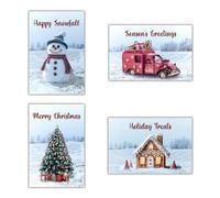 Mie Creations Lot de 24 cartes de Noël d'hiver avec enveloppes, bonhomme de neige en pain d'épices, camion rouge, 4 motifs assortis, cartes de vœux UV Spot, boîte de cartes de Noël de Noël - 10,2 x