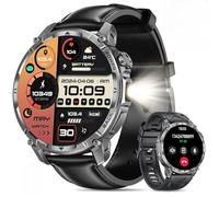 Miecgth Montre Connectée Homme, 1,7'' Militaire Smartwatch avec Appel Bluetooth LED Lampe Torche 100 Ciel Veille Cardiofréquence 120+ Modes Sport Analyse Sommeil IP68 Fitness Android iOS (Cuir Noir)