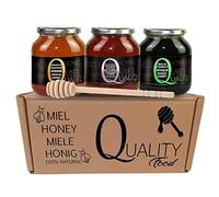 Miel d'abeille 100% pur. Miel cru sans pasteurisation ni chauffage. Pack cadeau et dégustation 3x500g. Bocal en verre. Origine Espagne.