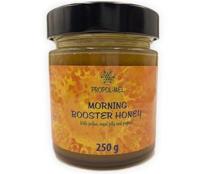Miel, gelee royale fraîche et pollen x 250 grammes. Morning booster, Propolis le meilleur bio-stimulateur pour le corps. Dynamisant et revitalisant des forces vitales du corps.