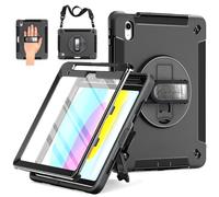 Miesherk Coque pour iPad A16 11eme/10eme Generation 2025/2022 11/10.9: Militaire Robuste Antichoc Housse Etui Cover Case-Protection d'écran -Porte-Crayon-Support Rotatif-Dragonne/Bandoulière-Noir