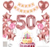 MIEWAA Deco Ballons 50 ans Anniversaire Femme, Decoration Anniversaire 50 ans Kit avec Bannière HAPPY BIRTHDAY, Chiffre 50 Géant Foile, Cœur et Étoile Ballon Foile, Ballons Latex et à Confetti Rose