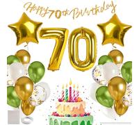 MIEWAA Deco Ballons Anniversaire 70 ans Homme, Decoration Anniversaire 70 ans Femme Kit avec Bannière HAPPY BIRTHDAY, Chiffre 70 Géant et Étoile Ballon Foile, Ballons Latex et Confetti Or-Vert-Blanc