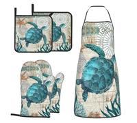 MIFSOIAVV Ensemble de gants de cuisine et maniques avec tablier, 5 gants de cuisine et maniques antidérapants, motif tortue de mer, océan, paysage