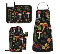 MIFSOIAVV Ensemble de gants de cuisine et maniques en forme de champignons avec tablier - 5 pièces résistant à la chaleur - Gants de cuisine et maniques antidérapantes - Ensemble tablier gants de four