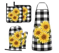MIFSOIAVV Lot de 5 gants de cuisine et maniques motif tournesol noir et blanc avec tablier - 5 pièces - Gants de cuisine et maniques - Pour barbecue