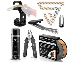 MIG MAG AK25/MB25 Starter Set, fil de soudage MIG MAG, 25AK set de pièces d'usure, support de torche avec pied magnétique, pince à buse, spray de séparation, nettoyant pour buse
