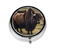 Mighty Highland Yak Mini boîte à pilules ronde, peut être mise dans un portefeuille, une poche, légère et pratique, pilulier à 3 compartiments, pilulier portable,