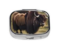 Mighty Highland Yak Pilulier carré avec motif imprimé complet - Étui de voyage portable en métal pour vitamines et médicaments, 5,6 x 4,1 x 1,8 cm.