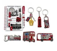 Mighty Majesty London Coffret cadeau 8 pièces - Carnet, stylo, porte-clés, décapsuleurs et aimant de réfrigérateur - Collection souvenir britannique, Big Ben, Union Jack, bus rouge