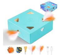 Migipaws 3 en 1 Jouet pour Chats, électrique interactif 7 Trous MigiBox, Secret de préhension sous la Peau émergente,Jouet en Carton pour Chats Qui s'ennuient, Rechargeable, 4pcs Accessoires-Bleu