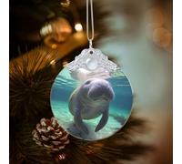 Mignon animal marin Manatee Ornements de Noël ronds en verre à suspendre Décorations de sapin de Noël pour fête, mariage, cheminée en plein air