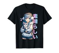 Mignon Anime Fille avec un Chat pour Amoureux des Chats Kawaii Otaku Manga T-Shirt