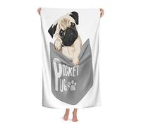 Mignon Carlin Serviettes de Bain dans la Poche de Chemise Funny Dog Pocket Pug Lettrage Marron Gris Hommes Femmes Absorbant Séchage Rapide Serviette de Bain surdimensionnée pour Piscine Salle de Bain
