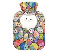 Mignon chat blanc bouteille d'eau pour l'eau chaude avec housse souple, sac de compression chaud 2L pour cou épaule chaud