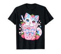Mignon Chat Kawaii dans Une Boisson à la Fraise Trans Pride Pastel Art T-Shirt Graphique avec Valeur