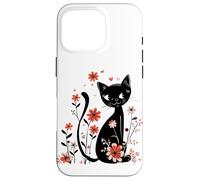 Mignon Chat Noir Design Scandinave Fleur Boho Printemps Chat Coque pour iPhone 16 Pro