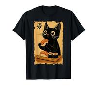 Mignon chat noir kawaii mangeant des sushis japonais drôle chat noir T-Shirt