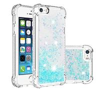 Mignon Coque pour iPhone 5/5s/SE Coques Pop Magnifique Liquide Paillettes Doux TPU Coque Étincelle Protection Arrière Silicone Coque Antichoc Transparente Couverture pour iPhone 5/5s/SE-Bleu Argenté