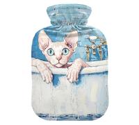 Mignon Cornish Rex Cats Vintage Baignoire Mignon Bouillotte avec housse souple, 2 L Compresse chaude pour les thérapies chaudes et froides, muscles endoloris, bolsas de agua Caliente para Dolores