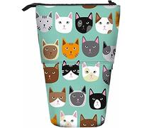 Mignon dessin animé chat visages télescopique crayon papeterie étui stylos boîte de rangement avec fermeture éclair pour femmes hommes garçons filles tabby chaton tête de répétition gris noir blanc b