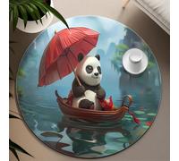 Mignon Dessin animé Panda Rond Tapis lac Bateau d’Eau Rouge Parapluie Nature Paysage Tapis antidérapant à Poils Ras pour Salon Chambre d’Enfant 80cm