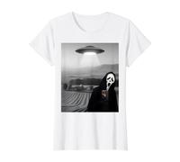 Mignon Effrayant Visage Horreur fantôme Selfie avec Extraterrestre OVNI drôle T-Shirt Graphique avec Valeur, Femme, Blanc, L
