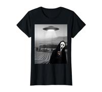 Mignon Effrayant Visage Horreur fantôme Selfie avec Extraterrestre OVNI drôle T-Shirt Graphique avec Valeur, Femme, Noir, M