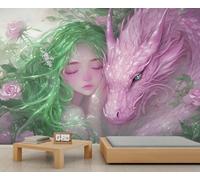 Mignon Elfe Fille Murale Fantaisie Dragon Créatures Mythiques Murales Rose Floral Fille Papier Peint Enchanté Décor pour Chambre à Coucher Chambre d'enfant 500 x 317 cm