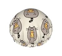 Mignon Fat Cat Eats Pizza Bonnet de Douche Imperméable, Bonnet de Bain Élastique Protection de l'Environnement Bonnets de Bain pour Cheveux, Double Couches Imperméables Bonnet de Douche de Bain