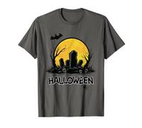 Mignon Halloween Cimetière Jaune Lune B/W Chauve-Souris Araignée T-Shirt