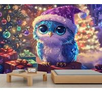 Mignon Hibou Mural Noël Thème Festif Murales Murales Coloré Boîte Surprise Arbre de Noël Mural Cartoon Animaux Papier Peint pour Salon Chambre à Coucher Chambre Enfant 150 x 100 cm
