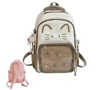 Mignon Kawaii Cat Ita Sac à dos avec affichage épingle - Sac d'école Y2K pour filles et femmes, sac à dos en nylon avec breloque en peluche et 5 badges, 2 tailles, marron, 43cm