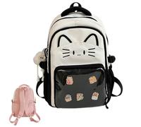 Mignon Kawaii Cat Ita Sac à dos avec affichage épingle - Sac d'école Y2K pour filles et femmes, sac à dos en nylon avec breloque en peluche et 5 badges, 2 tailles, Noir , 43cm