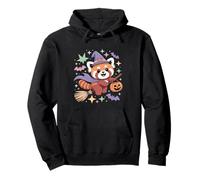 Mignon Kawaii Halloween Panda Rouge Sorcière sur Balai avec Chauve-Souris Sweat à Capuche