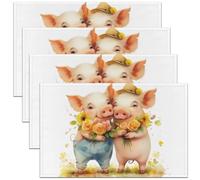 Mignon Mignon Petit Cochon Sets de Table Dessin Animé Cochon Pattern Tapis de Table Fleurs Sets de Table Garçons Filles Enfants,Kawaii Ferme Animaux Thème Tapis Imperméable 45x30 Lot de 4