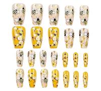 Mignon Nails Appuyez Sur - Square Tip Faux Nails, Manucure Art Accessoires | Ensemble De 24 Œuvres D'abeilles Et De Fleurs Pour La Danse, Des Événements De Voyage, Un Kit De Ongles D'application Facil