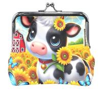 Mignon porte-monnaie en cuir de vache et tournesols pour femmes et filles avec boucle et fermeture à glissière, Vache de la ferme avec tournesols, Classique