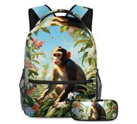 Mignon singe et fleur Améliorez vos essentiels scolaires avec notre ensemble sac à dos et trousse à crayons, multicolore, B：29.4x20x40cm P：19x7.5x3.8cm, Sac à dos daypack