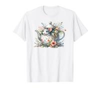 Mignon Souris dans Une théière Florale Cottagecore Art T-Shirt Graphique avec Valeur, Homme, Blanc, M