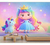 Mignonne Princesse Murale Kawaii Rainbow Princess Wall Murals Rainbow Starry Sky Mural Cartoon Enfants Muraux pour Chambre Salon 365 x 254 cm