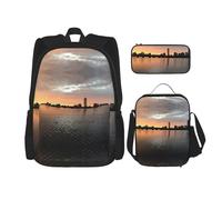 Migpkd Boston Charles River City Skyline Sunset Cartable Trousse à crayons Sac à déjeuner Combinaison Sac à dos pour enfants School Bookbag