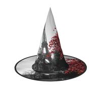 Migpkd Chapeau de sorcière gris Paris Tour Eiffel avec fleur rouge pour homme et femme Accessoires de cosplay pour fête costumée Chapeau de magicien
