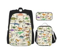 Migpkd Élégant sac à dos d'apprentissage des lettres de l'alphabet avec dinosaures - Trousse à crayons - Sac à déjeuner - Sac à dos pour enfants
