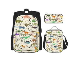 Migpkd Élégant sac à dos d'apprentissage des lettres de l'alphabet avec dinosaures - Trousse à crayons - Sac à déjeuner - Sac à dos pour enfants