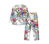Migpkd Ensemble de pyjama 2 pièces à manches longues avec poches, motif fleurs sauvages, oiseaux, feuilles, branches et boutons pour homme, Noir , L