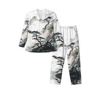 Migpkd Ensemble de pyjama 2 pièces à manches longues avec poches pour homme Motif peinture de paysage chinois, Noir , XL