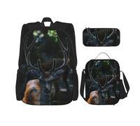 Migpkd Sac d'école en bois de cerf - Trousse à crayons - Sac à déjeuner - Sac à dos pour enfants