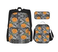 Migpkd Sac d'école Halloween gris chauve-souris araignée citrouille trousse à crayons sac à déjeuner combinaison sac à dos pour enfants école cartable