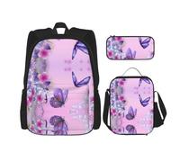 Migpkd Sac d'école motif papillons et fleurs - Trousse à crayons - Sac à déjeuner - Sac à dos pour enfants